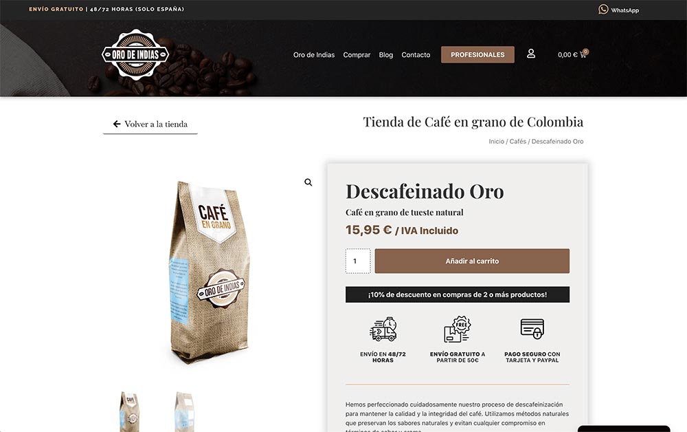 Desarrollo tienda online - Café Oro de Indias
